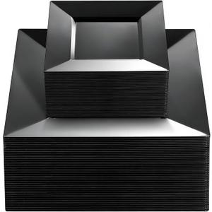 Liacere100PCS Black Plastic Plates-Premium Black Square Disposable Plates-Include 50PCS 9.5inch Dinner Plates - 50PCS 6inch Dessert Plates for Party & Wedding