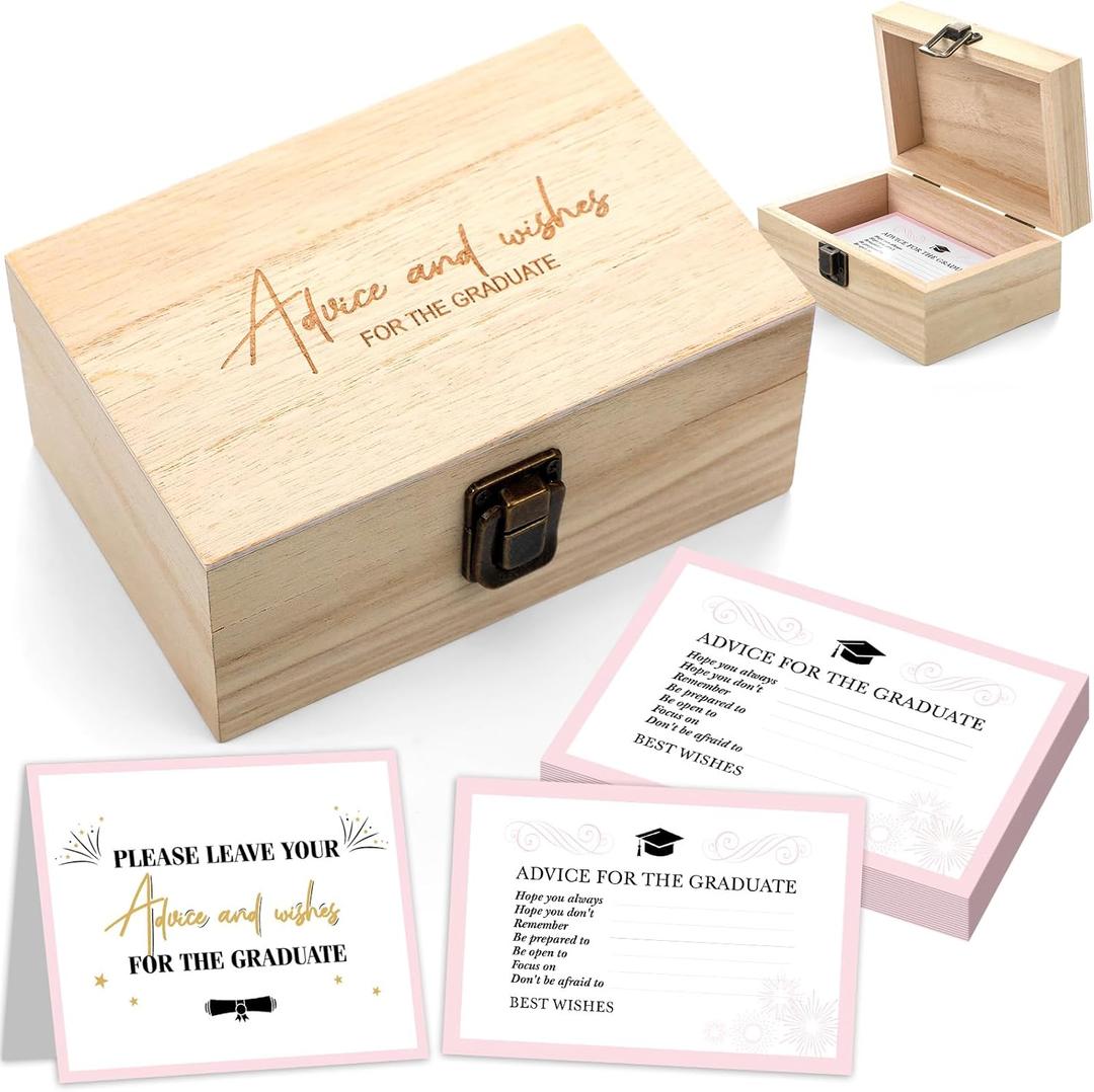 52 Pcs Pink Graduation Advice and Wishes Cards Wooden Box Set with Hope and Advice Cards for High School and College Graduation Party Theme Activity Supplies Holiday Blessing Gifts