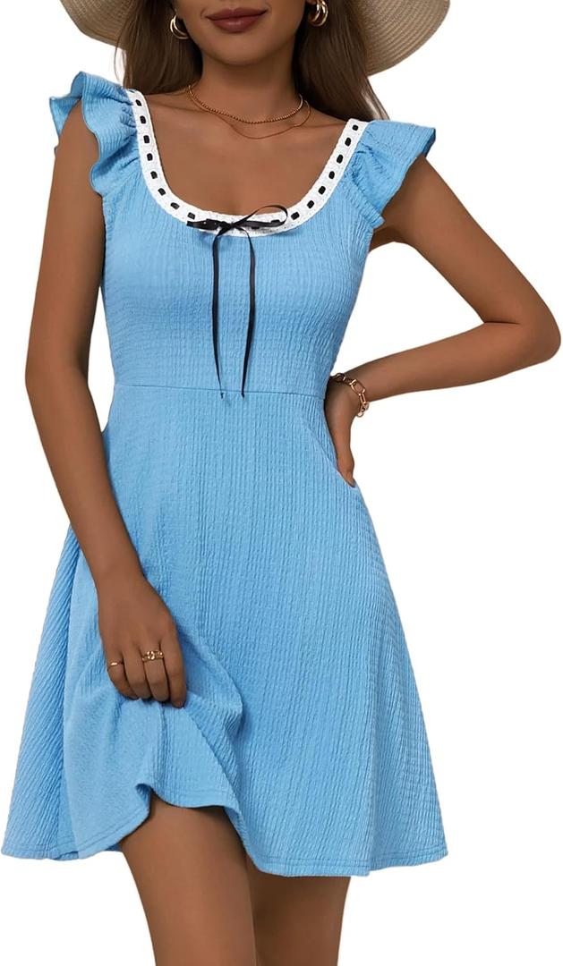 GUBERRY Women Summer Dresses Mini Cute Solid Flowy Square Neck Ruffle Sleeve Sundresses for Women, Size: S