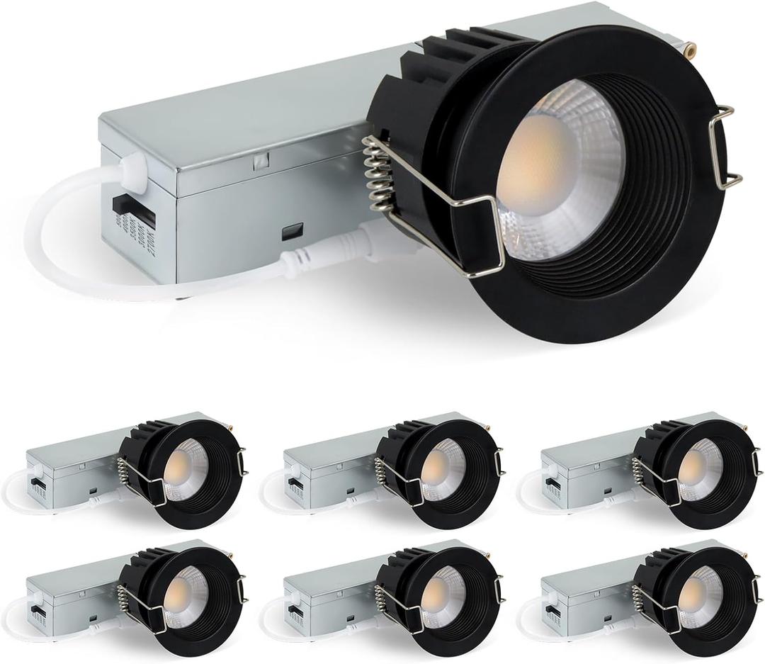zouzai 2 Inch LED Recessed Lighting, 5CCT Anti-Glare Downlight with Junction Box, Dimmable, 2700K-5000K Selectable, 8W COB 840LM, IP65 Wet Rated, CRI90+, ETL & Energy Star, (Black, 2 inch 6 Pack)