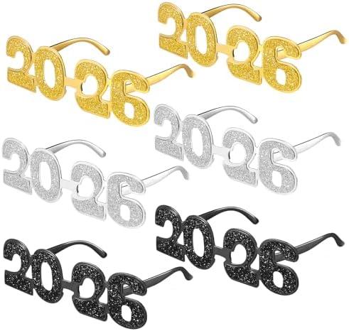 Kanayu 4 Pairs 2026 Glitter New Year Eve Glasses 2026 Number Eyeglasses Props Sunglasses for Party Supplies(Classic Colors)