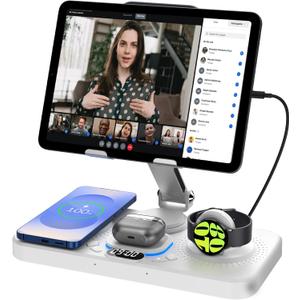 30W Magnetic Wireless Charger for Samsung, 6 in 1 Foldable Android Mag-Safe Charging Station for Tablet with Clock & 7 Color Light, Nightstand Charger for Galaxy S25 Ultra/Watch 8/Buds 3 Pro(Black)