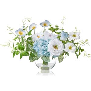 WELL KNOWN Artificial Silk Flowers Bouquet with Vase, Fake Flower Arrangements in Glass Vase with Faux Water for Spring Summer Seasonal Home Office Hotel Wedding Table Decor (Blue in Spring)