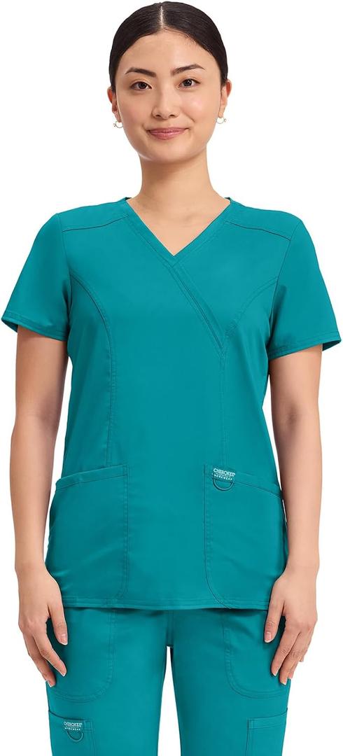 Cherokee Scrubs Top for Women Mock Wrap with 3 Pockets, Soft, 2-Way Stretch & Durable Fabric - WW610 (Blue, XL)
