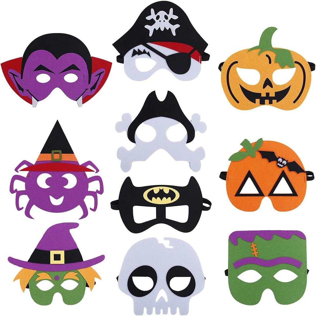 Halloween Felt Masks for Kids Girls Boys, Cosplay Masquerade Party Eye Mask with Elastic Rope, Include Witch Pumpkin Pirate Skeleton Vampire Mask, 10 Styles