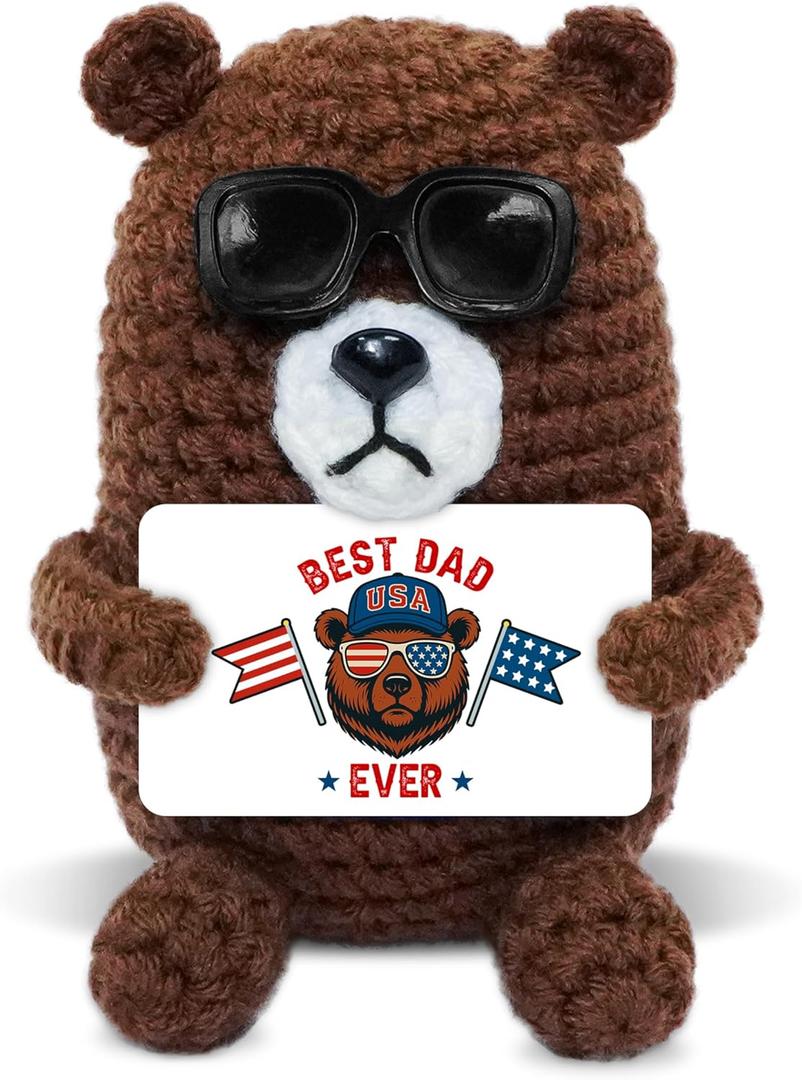 2 x Best Dad Ever Gifts - Handmade Positive Crochet Animals Bear with Card - Fathers Day Birthday Gifts for Dad from Daughter Son, Funny Bear Gift for Dads, Stepdad Father Gift, Table Desk Decor (Brown - Patriotic Dad)