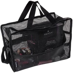 SHANY Collapsible Makeup Tools Travel Mesh Bag Large See-Thru Travel Tote with Shoulder Straps Water-Resistant with Zippered Pockets Black