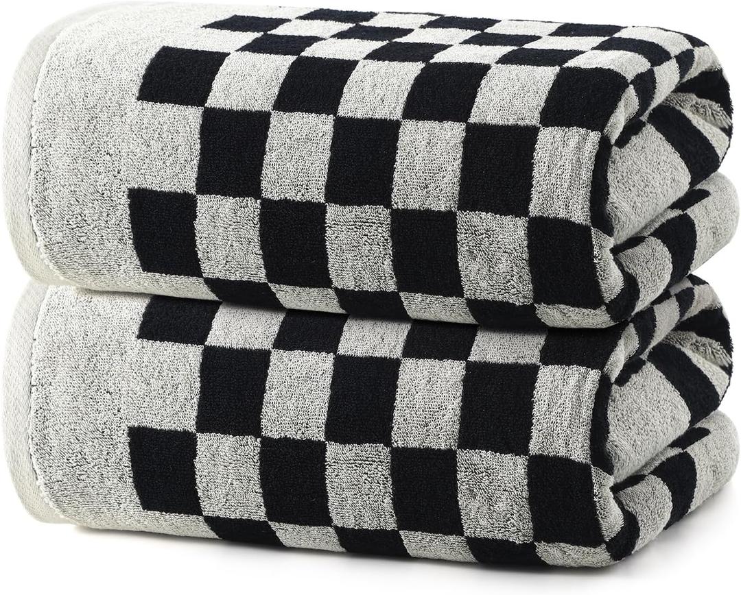 REDKISS 2 Piece Large Black and White Bath Towels Set - 27x55 Highly Absorbent 600GSM Cotton Checkered Towels for Bathroom Decoration, Retro Checkered Design
