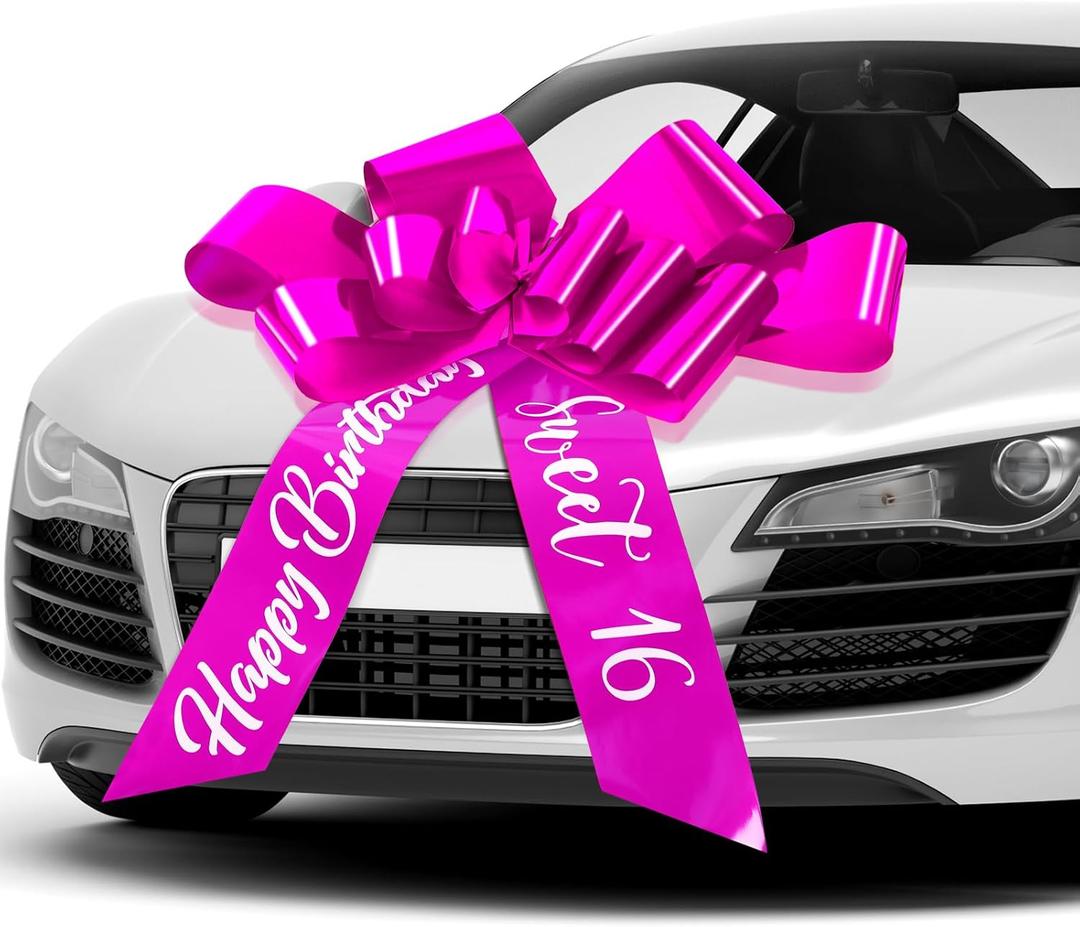 Happy Birthday Car Bow Sweet 16 Big Car Pull Bow 30 Inch Giant Car Gift Wrapping Bow for Birthday Party Car Decorations(Rose Red)