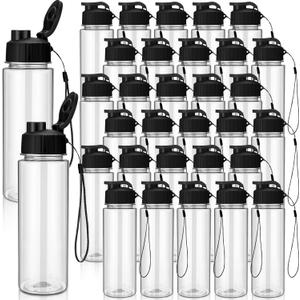 Maxcheck 30 Pieces 17 oz Plastic Water Bottle Bulk with Handle Strap Lightweight Leakproof Drink Flip Top Bottles for Adults Fitness Gym (Black)