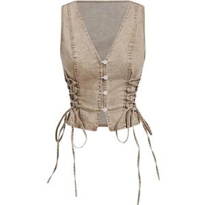 Floerns Women's Sleeveless V Neck Button Crop Vest Lace Up Front Vintage Denim Vest (Medium, Khaki)