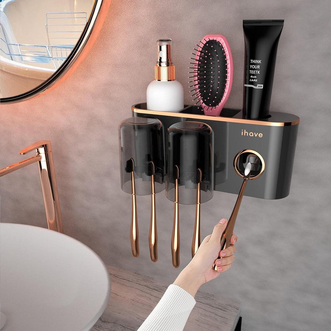 iHave Toothbrush Holders Bathroom Accessories with Toothpaste Dispenser, 2 Cups Toothbrush Holder Wall Mounted Bathroom Decor, Black 2 Cups