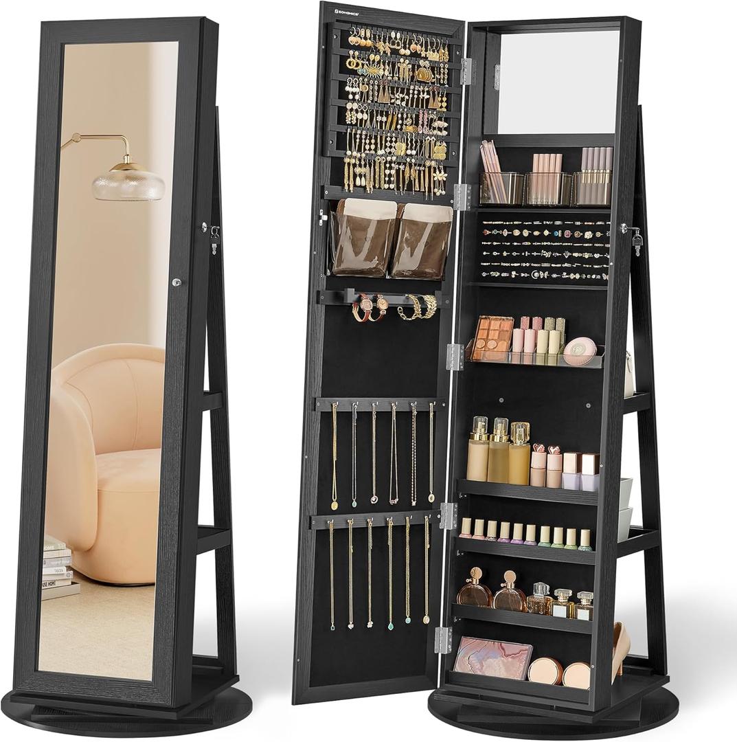 SONGMICS 360 Swivel Jewelry Cabinet, Lockable Jewelry Organizer with Full-Length Mirror, Rear Storage Shelves, Interior Mirror, Jewelry Armoire, Gift Idea, Black UJJC006B01
