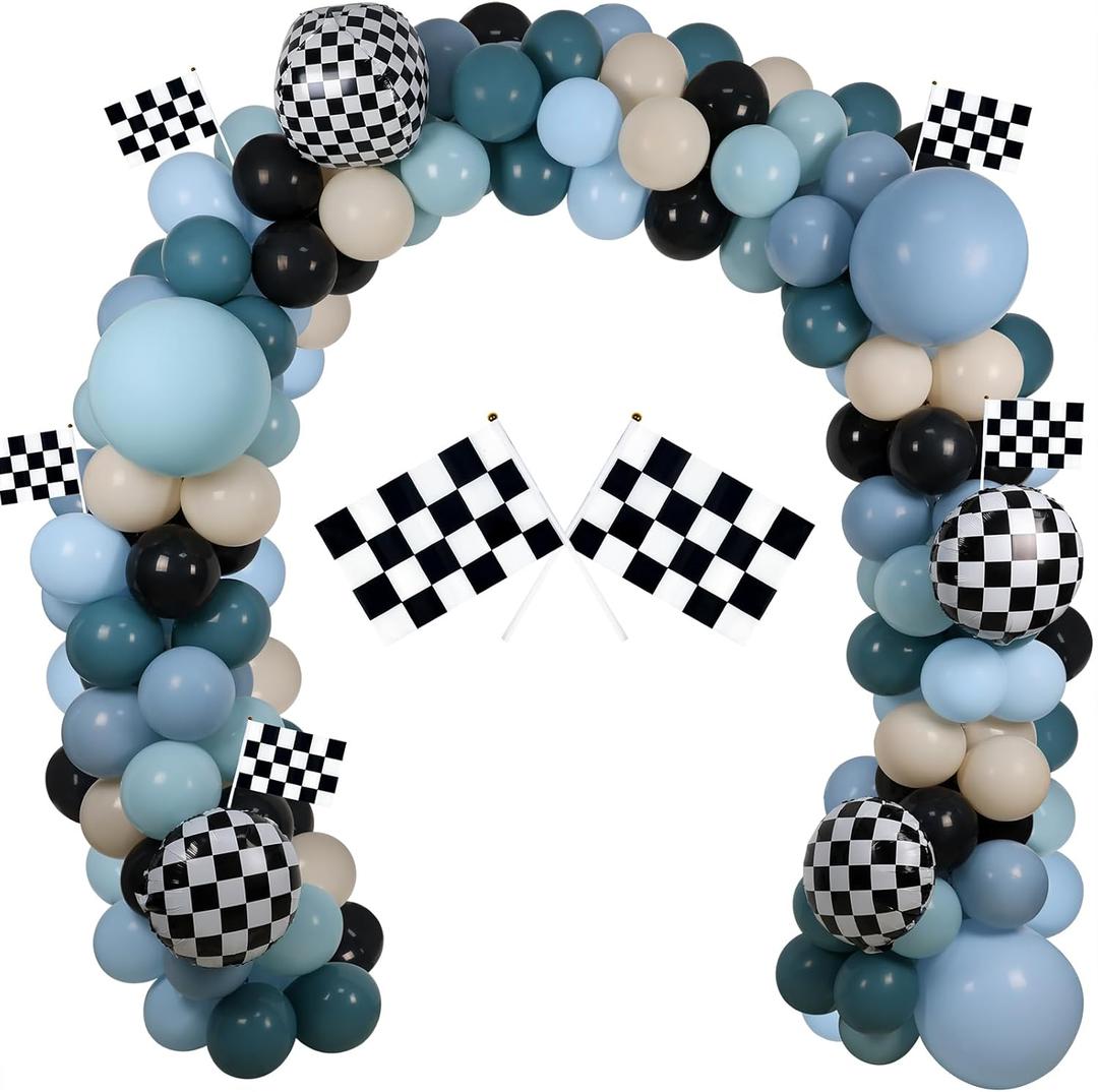 Generic Race Balloon Garland Arch Kit, Dusty Blue Black Balloons with Checkered Balloons for Race Theme Birthday Party Decorations Baby Shower Party Supplies
