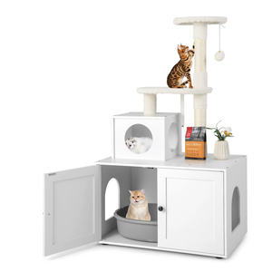 2-in-1 Wooden Litter Box Enclosure with Cat Tree Hidden Washroom Furniture White