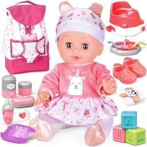 SMILESSKIDDO Baby Doll with Backpack Carrier, 14'' Realistic Dolls with Accessories, Includes Feeding Playset, Baby Care Set, Toddler Pretend Play Babydoll Toys for 1 2 3+ Year Old Kids Girls