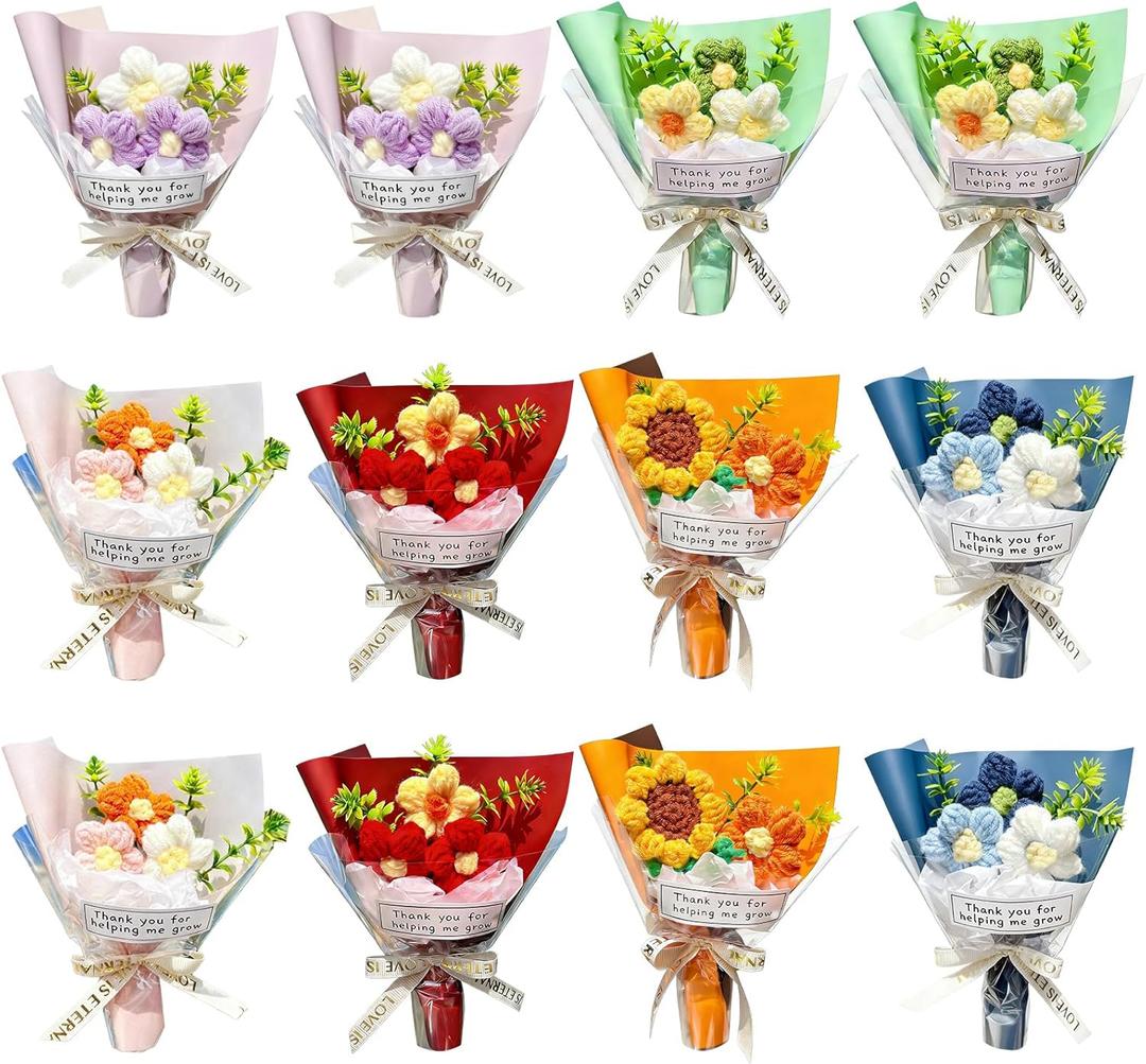 Wavwavw 12 Pcs Graduation Gifts for Teacher, Positive Handmade Mini Crochet Flower Bouquet Thank You for Helping Me Grow Teachers Gifts for Graduation End of Year Women Men (Fresh)
