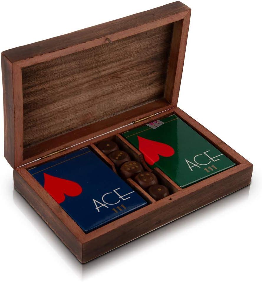 Birthday Gift Ideas Handcrafted Classic Wooden Playing Card Holder Deck Box Storage Case Organizer With Dice & Two Packs of Premium Quality 'Ace' Playing Cards For Men Women