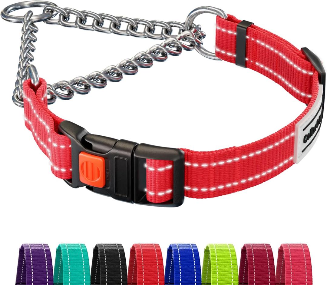 CollarDirect Martingale Dog Collar with Stainless Steel Chain and Quick Release Buckle - Reflective Collar for Dogs - Red, Medium (Neck Size 14"-17")