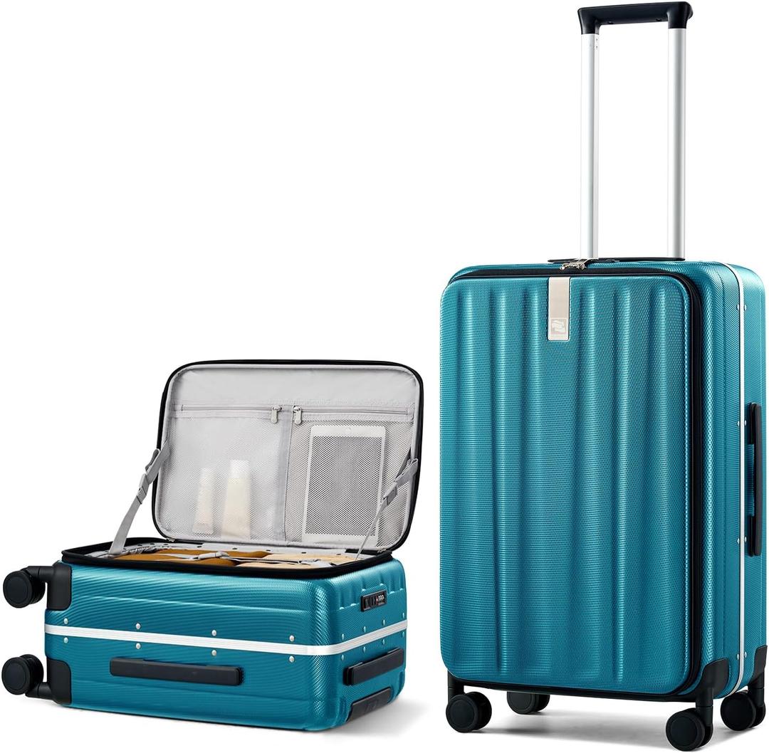 Hanke 24 Inch Medium Checked Luggage, Top Opening Aluminum Frame Suitcase Durable PC Hard Shell, Top-Open Easy Access, Explosion-Proof Zipper, 8 Spinner Wheels, Medium 5-7 Day Business & Family Trip, Carribean Blue