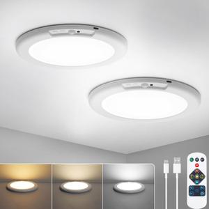 Combuh 2Pack Rechargeable Closet Lights Motion Sensored, Battery Powered Shower Lamp with Remote, Dimming Timing Cordless Ceiling Light Fixture for Pantry Laundry Bathroom Hallway, 7.48Inch, Round (3CCT)