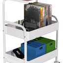 Rolling Cart with Wooden Tabletop, 3 Tier Metal Utility Cart, Rolling Storage Organizer Cart with Lockable Wheels for Kitchen, Office, Bedroom (White)