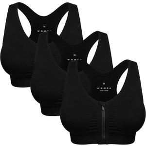 Women's Zip Front Sports Bra Wireless Post-Surgery Bra Active Yoga Sports Bras (3X-Large, 3 Pack Black)