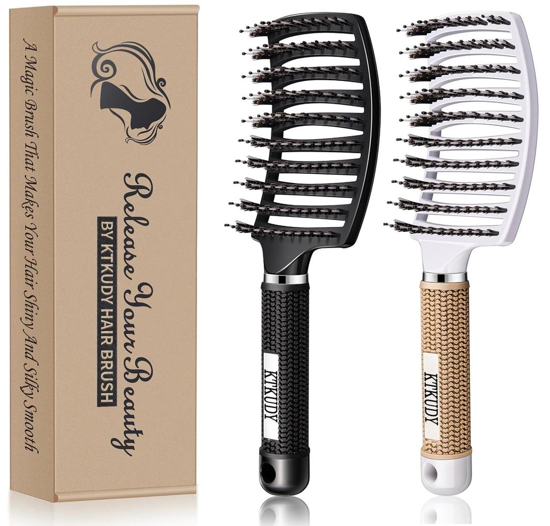 Detangling Brush Boar Bristles Set KTKUDY Hair Brush Curved and Vented Detangler Brush for Women Men Kids Wet and Dry Hair (Black&White)