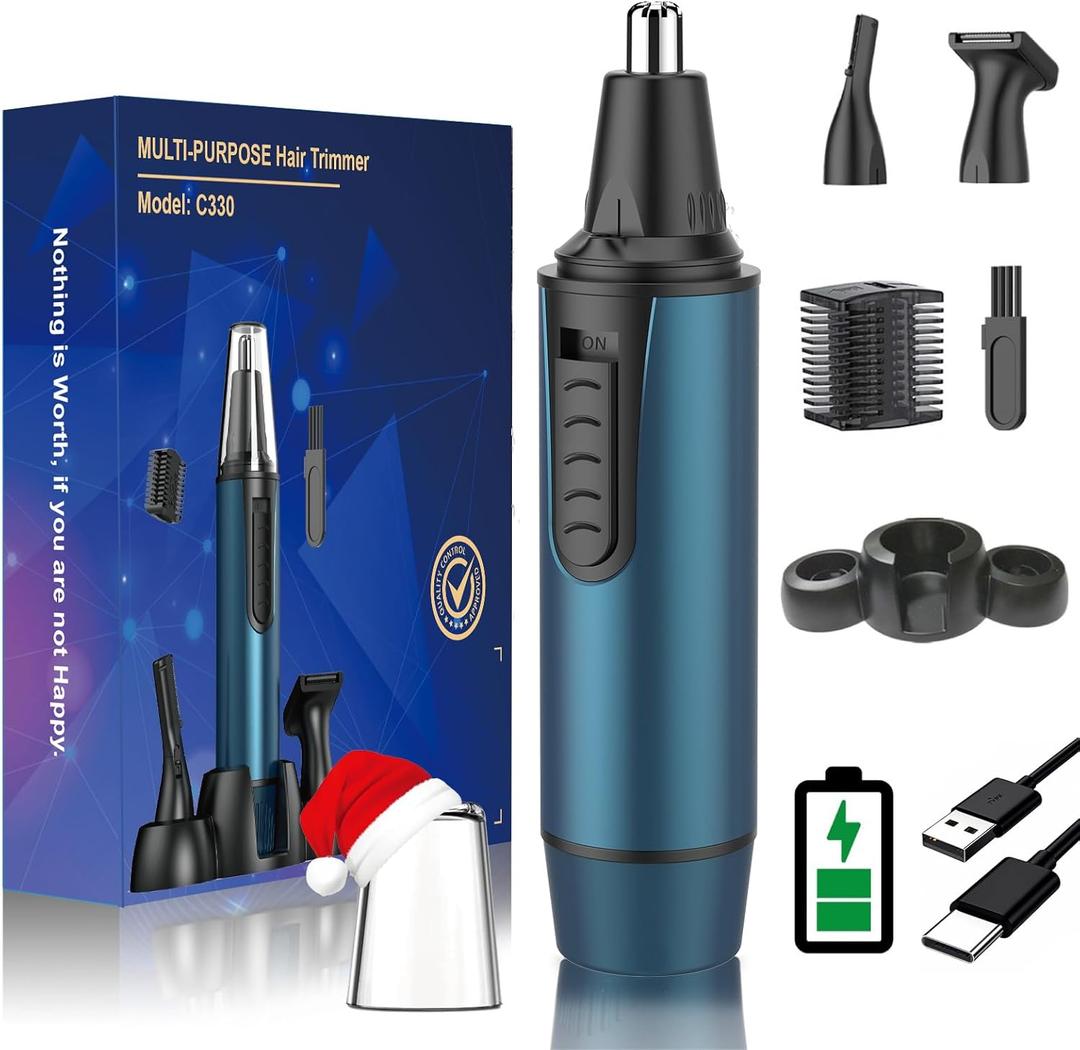 AREYZIN Nose Hair Trimmer for Men,2025 Professional 3 in 1 Painless Rechargeable Ear and Nose Trimmer,IPX7 Waterproof Eyebrow Facial Hair Trimmer Body Grooming Kit Dual Edge Blades (Blue)