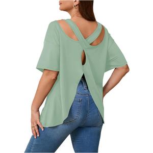 Women's Plus Size Cut Out Criss Cross Back Tee Open Back Short Sleeve Crew Neck Athletic Workout Tops (Green)