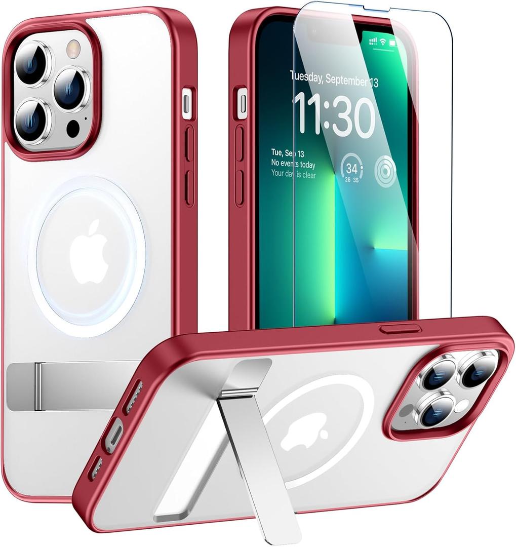 SPIDERCASE Magnetic for iPhone 13 Pro Max Case, with 2Pcs [Tempered Glass Screen Protector] [ Military Grade Drop Protection] Invisible Kickstand Slim Case for iPhone 13 Pro Max 6.7", Red