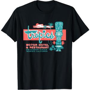 Tropics Motor Hotel / Hawaiian Style / Tiki Bar / 50s Style T-Shirt (Small, Black)