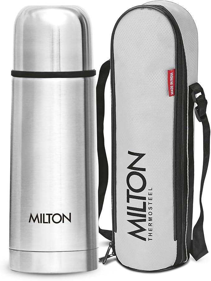 Milton Thermosteel Flip Lid Flask 350, Double Walled Vacuum Insulated Thermos 350 ml | 12 oz | 24 Hours Hot and Cold Water Bottle with Cover, 18/8 Stainless Steel, BPA Free, LeakProof | Silver