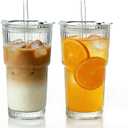 20 oz Ribbed Glass Tumbler with Straw and Lid, Vintage Glass Cup with Lid, Reusable Iced Coffee Cups Set for Iced Coffee Smoothie Juices, Elegant Drinkware for Home Party (2)