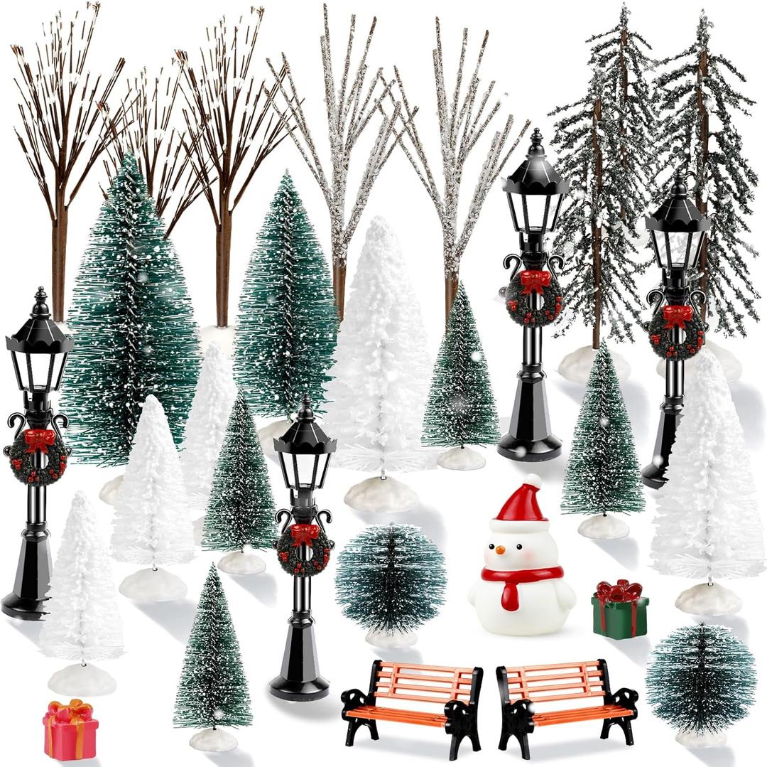 ONESING 32 Pcs Christmas Village Accessories Bottle Brush Trees with Bench Pathway Light Miniature Christmas Village Sets for Xmas DIY Crafts Christmas Holiday