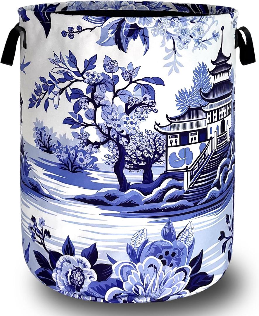Blue White Porcelain Laundry Basket Chinoiserie Funny Laundry Hamper Foldable Oxford Cloth Colorful Tote Bag Clothes Toy Storage Bucket 18.9"x16.5" For Bathroom/Laundry Storage/Bedroom