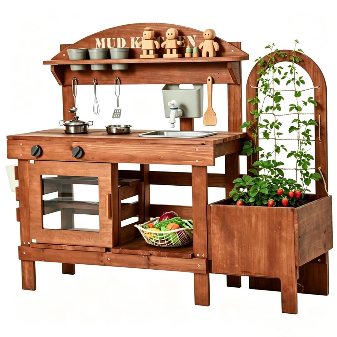 Kids Outdoor Mud Kitchen with Plant Growing Kit, Wooden Play Kitchen with Removable Water Sink, Faucet, Backyard Toy Cooking Playset for Kids