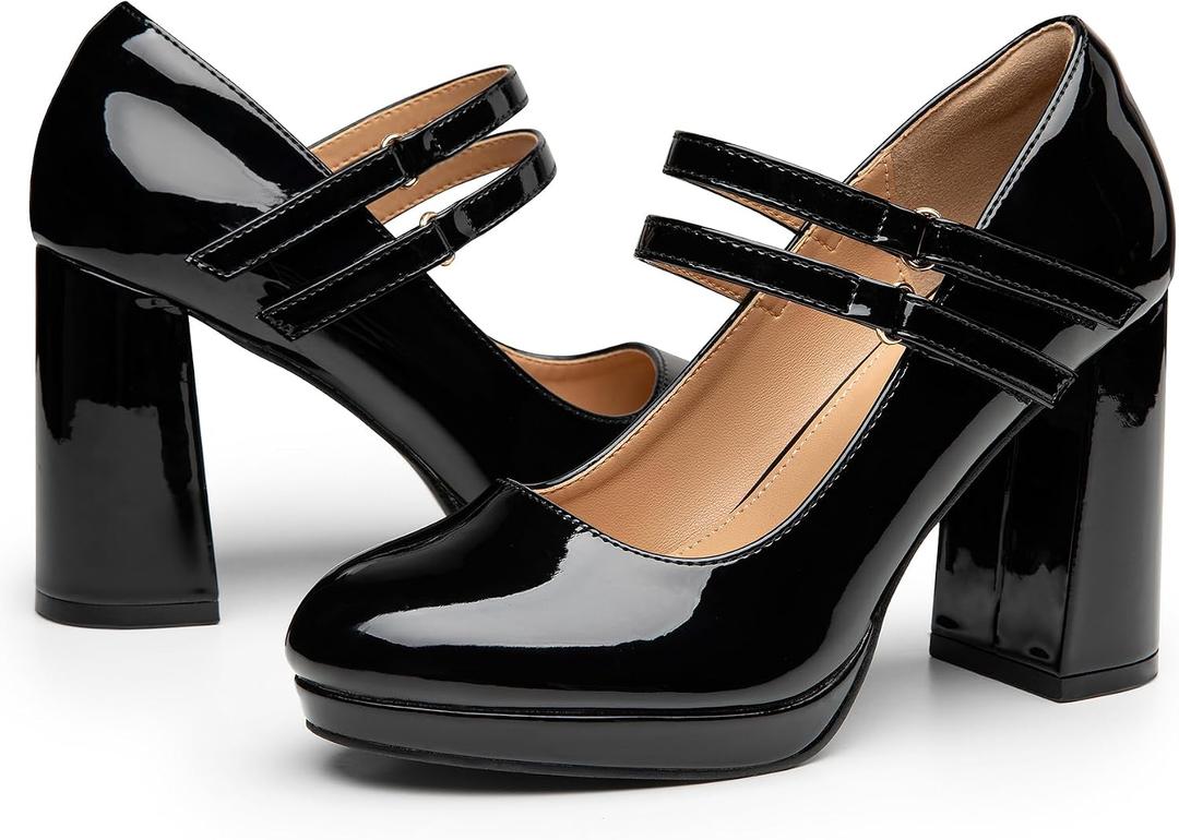 Trary Mary Jane Shoes Women Heels Platform Chunky Block High Heels with Double Strap Women's Pumps Comfortable Dress Pumps for Party Wedding Office Round Toe Heel Shoes (Black) 6.5