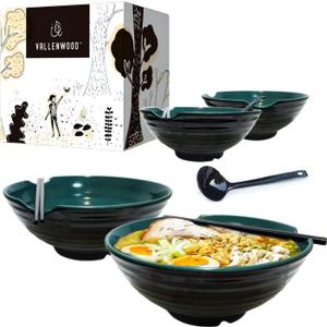 4 XL Ramen bowl set, 12 Pieces Pho Bowls Set, Asian Japanese soup with Spoons and Chopsticks. Restaurant Quality Melamine, 52 oz for Noodles, Udon, Thai, Chinese dinnerware (Green Black, 9 inch x4)