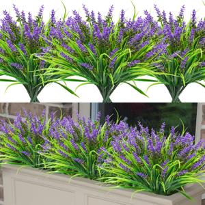 Agusbagli 24 Bundles Artificial Grass Fake Plants, Outdoor Fake Monkey Grass Greenery UV Resistant Faux Plastic Shrubs Arrangement for Patio Garden Porch Home Window Hanging Planter Decor - Purple