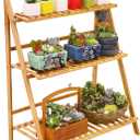 Ufine Bamboo Ladder Plant Stand 3 Tier Foldable Flower Pot Display Shelf Rack for Indoor Outdoor Home Patio Lawn Garden Balcony Organizer Planter Holder
