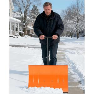 Wheeled Snow Plow Shovel, 20" H Heavy-Duty Steel Orange Blade with Single Handle, 5 Angles, 2 Wheels, Back Saver Pusher for Snow Removal on Driveway, Sidewalks and Doorways
