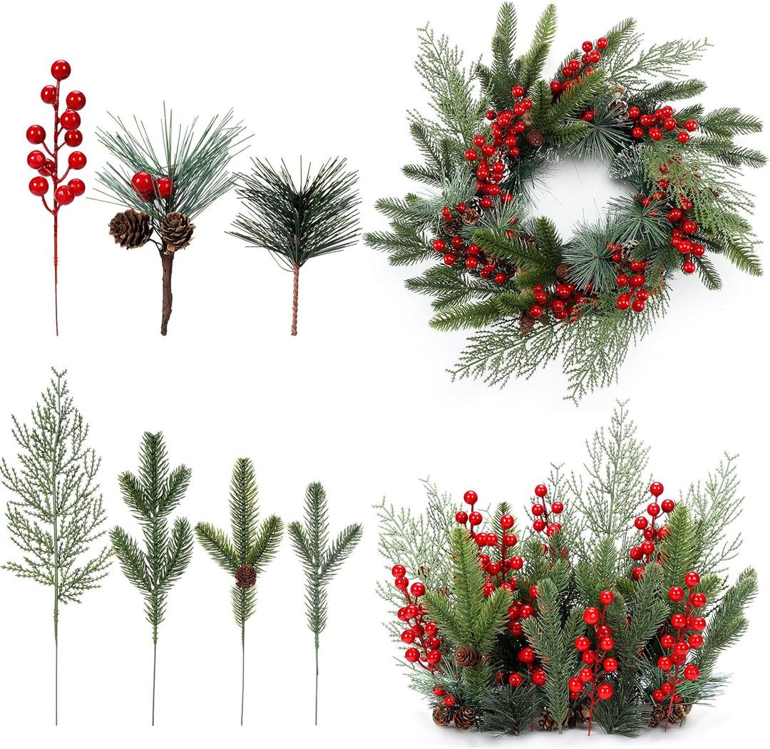 200 Pcs Christmas Artificial Pine Needles Branches Garland Berries Stems Greenery Picks with Pinecone Artificial Pine Picks with Berries and Natural Pinecones for Xmas Wreath DIY(Red)