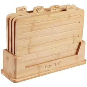 Fiery Chef 12.6"L x 9"W Bamboo Cutting Board Set of 4 - Wood Cutting Board Set with Holder, Chopping Boards Set with Food Icons, Juice Groove - Ideal for Meat, Fish, Bread, Vegetable, Fruit Chopping