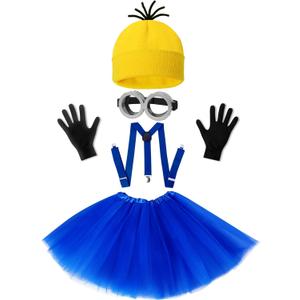 WISHTEN Halloween Costume for Adult Women,Goggles/Yellow Beanie/Blue Dress/Suspenders/Gloves Halloween Costume Accessories
