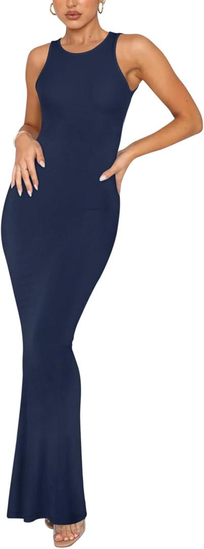 REORIA Women's Basic Summer Sexy Lounge Tank Long Dress Elegant Sleeveless Halter Neck Bodycon Maxi Dresses (Medium, Navy Blue)