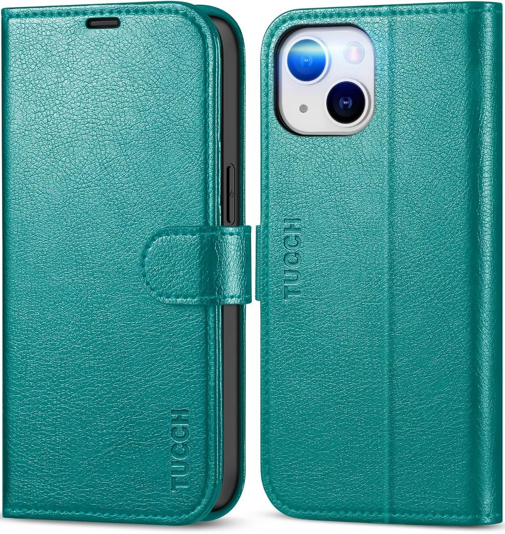 TUCCH Wallet Case for iPhone 13, [RFID Blocking] [3 Card Slots] TPU Interior Protective Case, Magnetic Folio Shockproof PU Leather Stand Flip Cover Compatible with iPhone 13 6.1 5G, Cyan