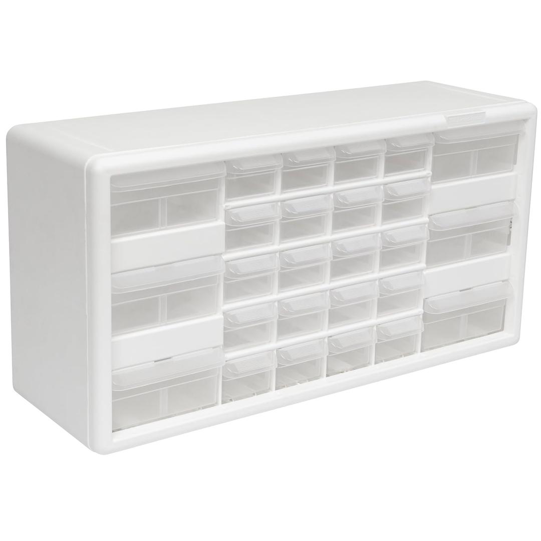 Akro-Mils 26-Drawer Plastic Drawer Storage Cabinet for Garage Organization, Bead Organizer, Building Bricks Storage, Teacher Toolbox, Makeup Organizer, 20-Inch W x 6-Inch D x 10-Inch H, 10124 White