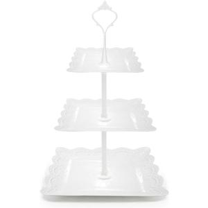 3 Tier Cupcake Stand, Durable Plastic 3 Tier Serving Tray for Cupcake, Fruit, Chocolate, Cookies, Square White Embossed Tiered Tray Stand for Wedding, Baby Shower, Party