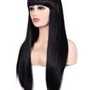 Morvally Women's 26" Long Straight Black Synthetic Resistant Hair Wigs with Bangs Natural Looking Wig for Women Halloween Cosplay